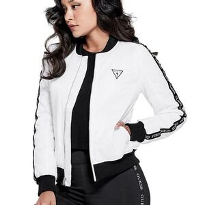 Guess White and Black Bomber Jacket with Modern Trim
